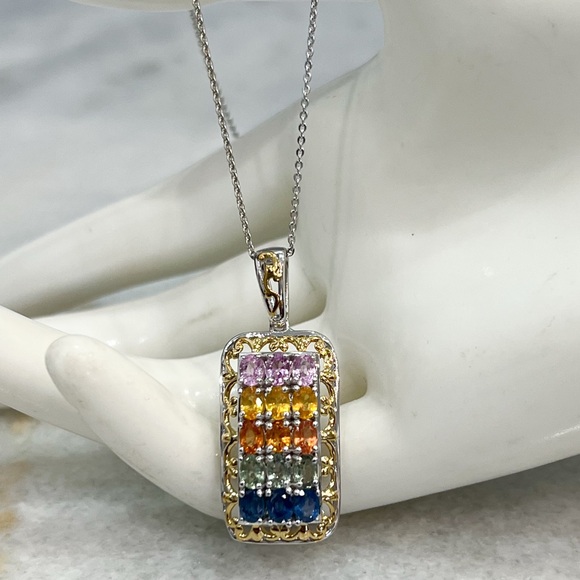 Multi Sapphire 18K Vermeil YG Sterling Silver Pendant 20” Necklace - Picture 4 of 13